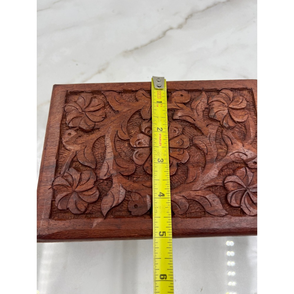 Vintage Hand Carved Floral Wooden Jewelry Box Trinket Keepsake Boho Dark Wood - Picture 9 of 11